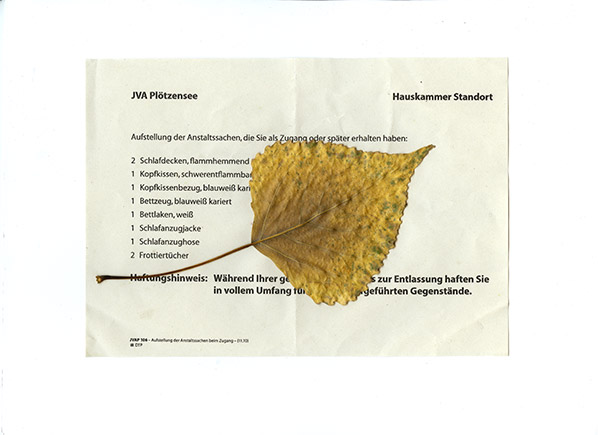 JVA Plötzensee - Blatt Anstaltsklkeidung Hauskammer