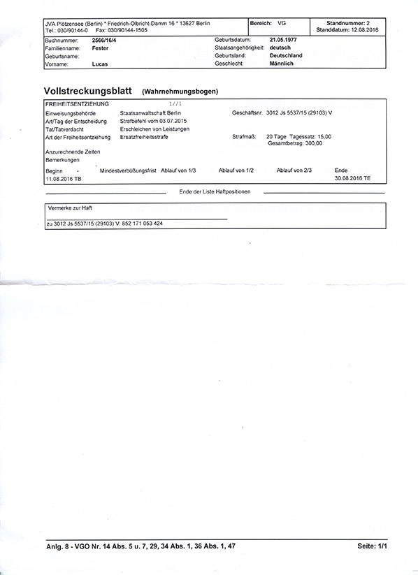 JVA Plötzensee - Vollstreckungsblatt – Einlieferung