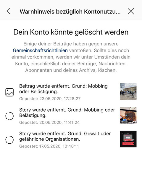 instagramm Kontrollmechanissmuss versargt