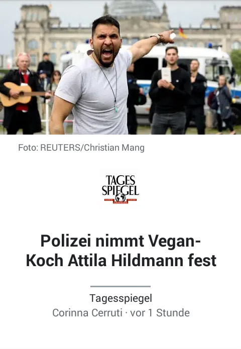 Attila Hildmann im tagesspiegel. Dargestellt durch Corinna Cerruti (txt) & Christian Mang (Reuters) - Screenshot, 2020/0004-05-24 - 11-35-08-katt