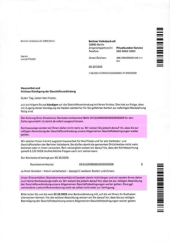 Berliner Volksbank – Hausverbot und fristlose Kündigung der Geschäftsbeziehung