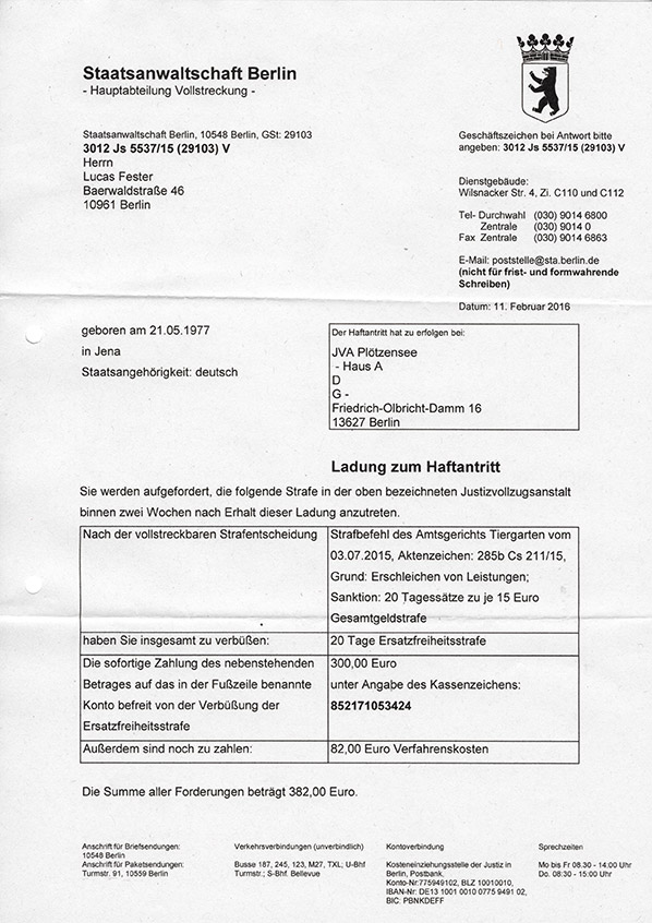 Ladung zum Haftantritt - 1
