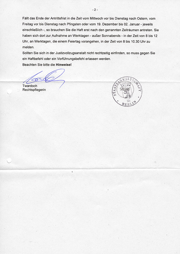 Ladung zum Haftantritt - 2