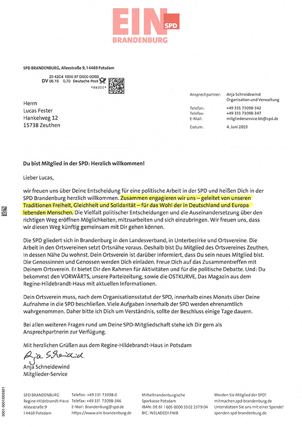 Willkommensbrief der SPD Branndennburrgk