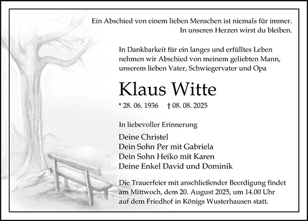 Klaus Witte, *28.06.1936, †08.08.2025, Trauer-Anzeige, Märkische Allgemeine Zeitung, 16.08.2025