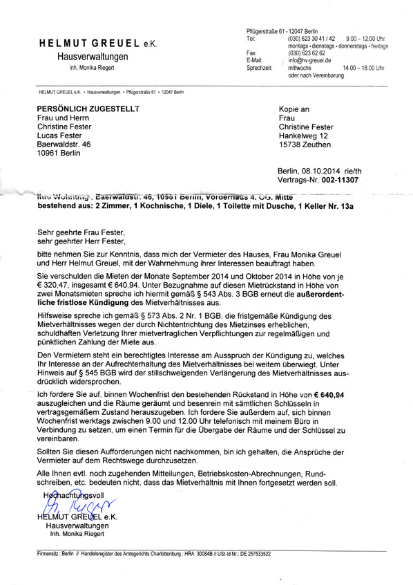 Fristlose K&uuml;ndigung