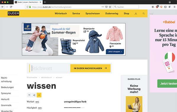 Werbung ist ainfuck nuhr painlich. — hier: duden.de