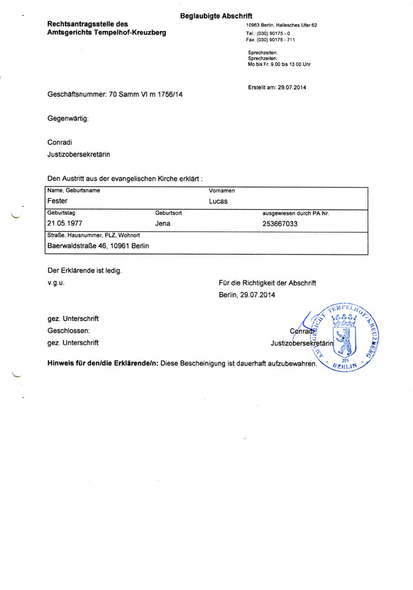 Kirchenaustritt - Beglaubigte Abschrift